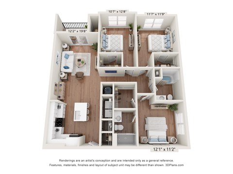 A 3D floor plan of a two-bedroom apartment with a living room, kitchen, and bathroom.